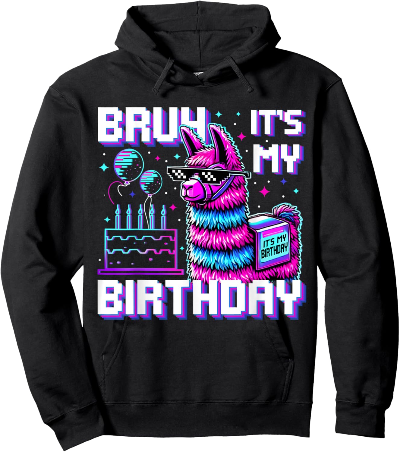 Bruh Its My Birthday Boys Girls Matching Funny Alpaca Theme Hoodie - Hoodie | Black
