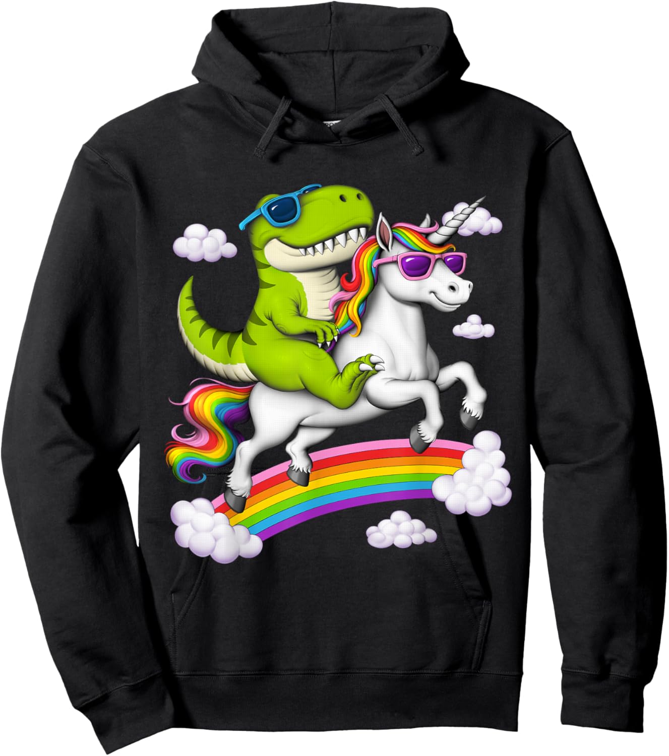 T-Rex Dinosaur Riding Unicorn Rainbow Magical Fantasy Hoodie - Hoodie | Black