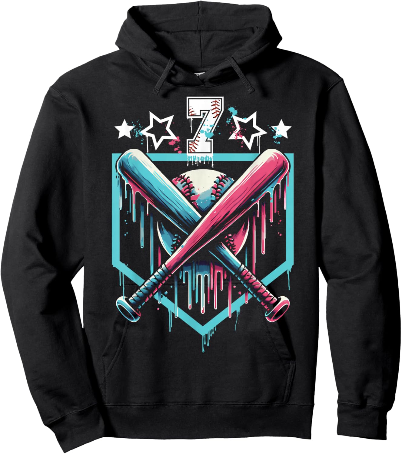 Baseball Drip 7th Birthday Boys Number 7 Youth 7 Year Old Hoodie - Hoodie | Black