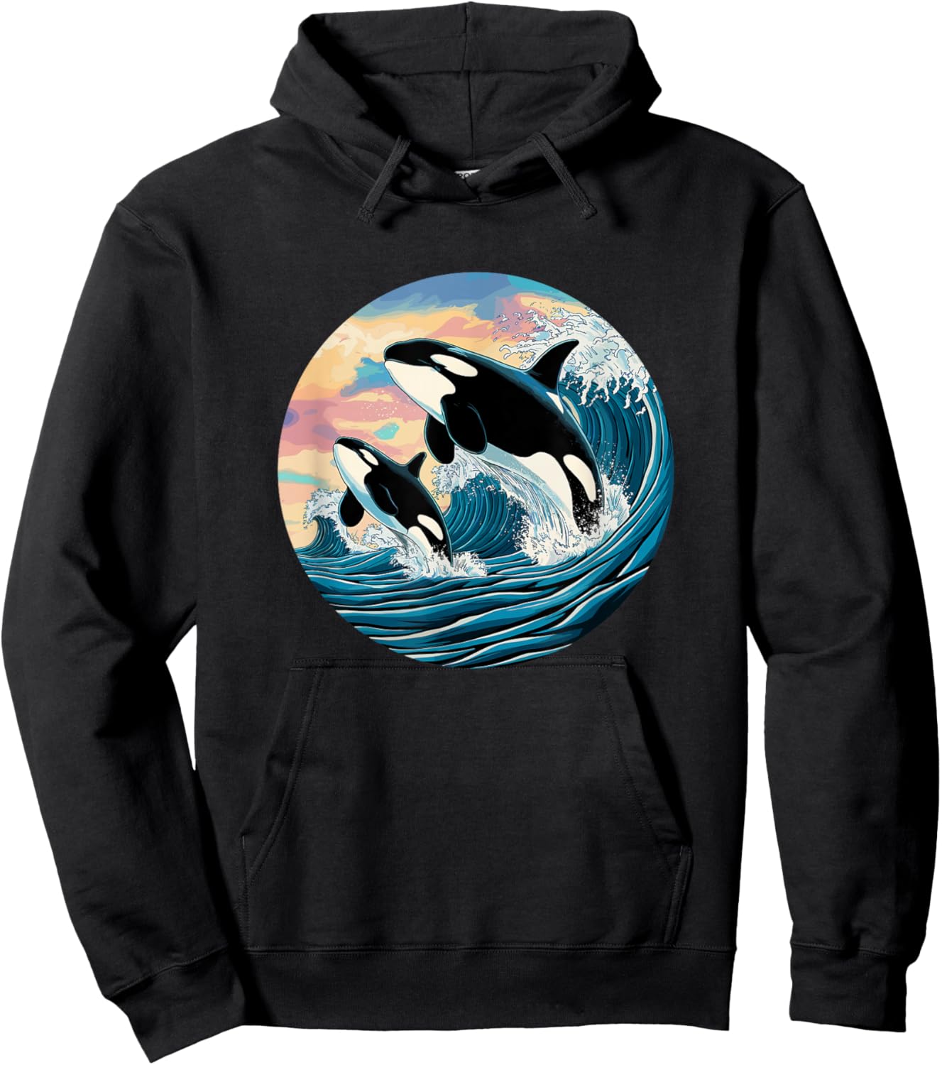 Orca Wave Ocean Sunset Marine Life Fan Outfit Kids Black Small Modern Cartoon Orca Jumping Waves Ocean Sunset Marine Life Enthusiast Hoodie - Hoodie | Black