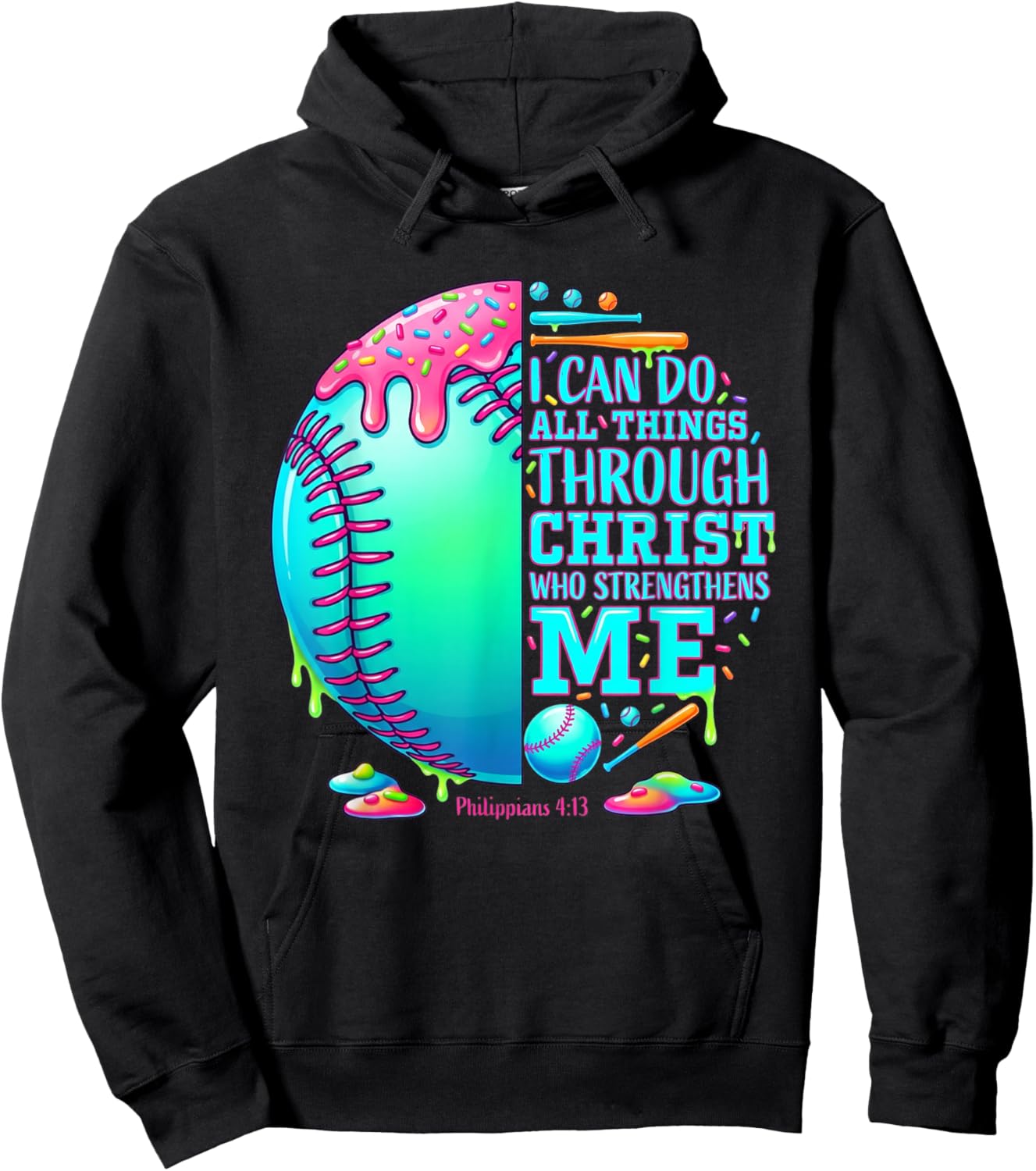 Christian Ice Cream Drip Baseball Stuff Philippians 4:13 Hoodie - Hoodie | Black