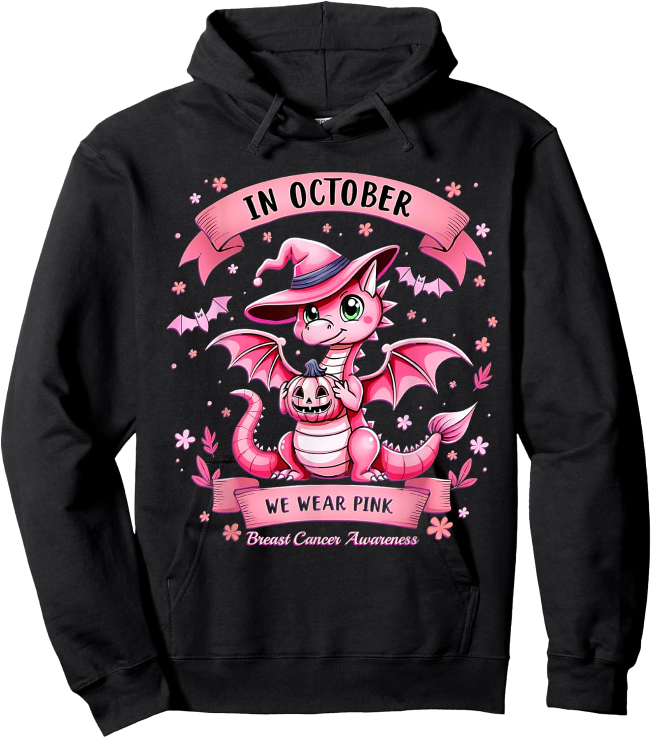 October We Wear Pink Breast Cancer Awareness Dragon Hoodie - Hoodie | Black
