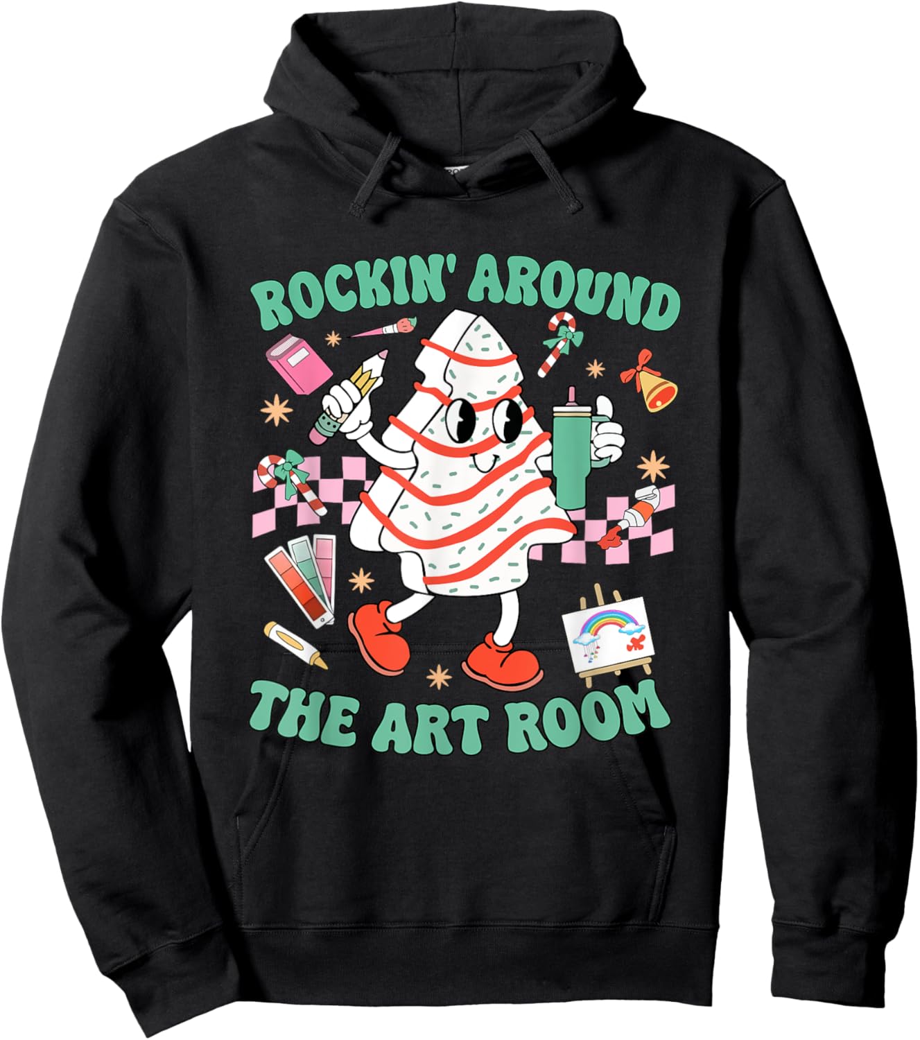Rocking Around The Art Room Retro Christmas Art Teacher Hoodie - Hoodie | Black