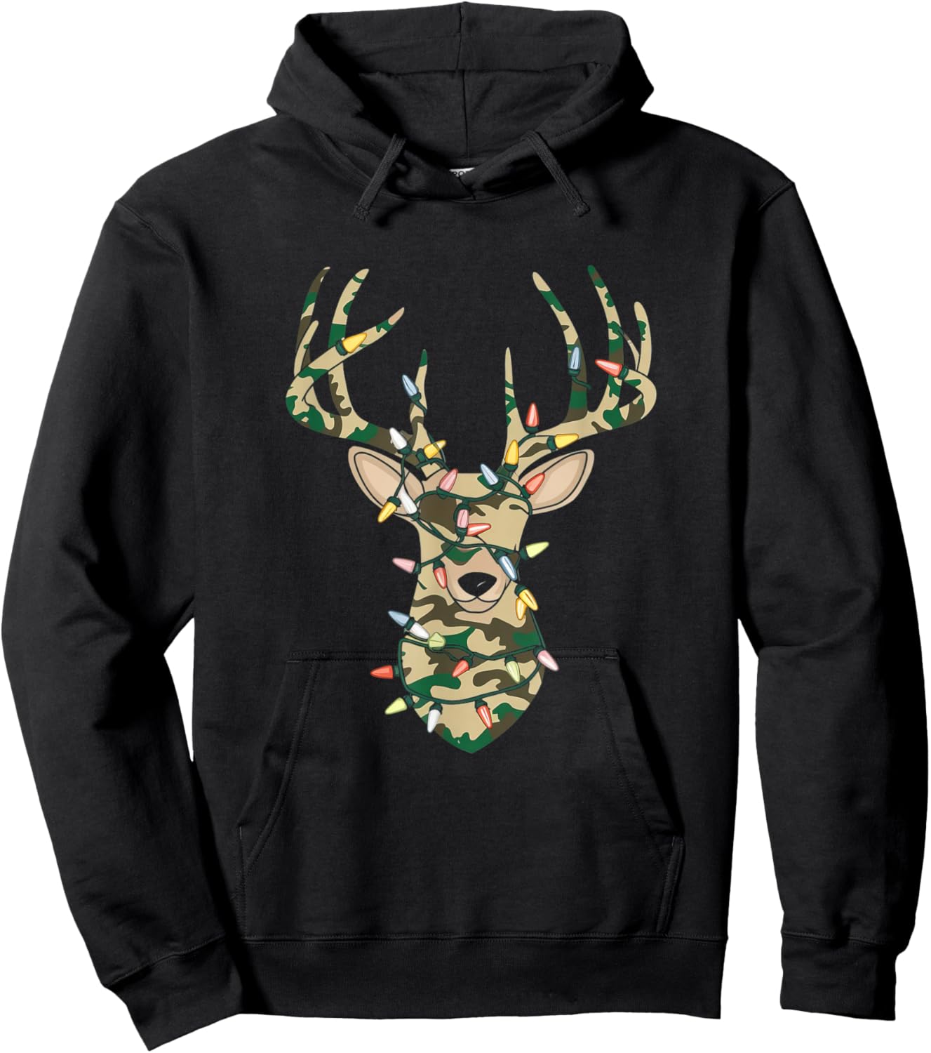 Christmas Camo Holiday Hunting Reindeer Deer Xmas Lights Hoodie - Hoodie | Black
