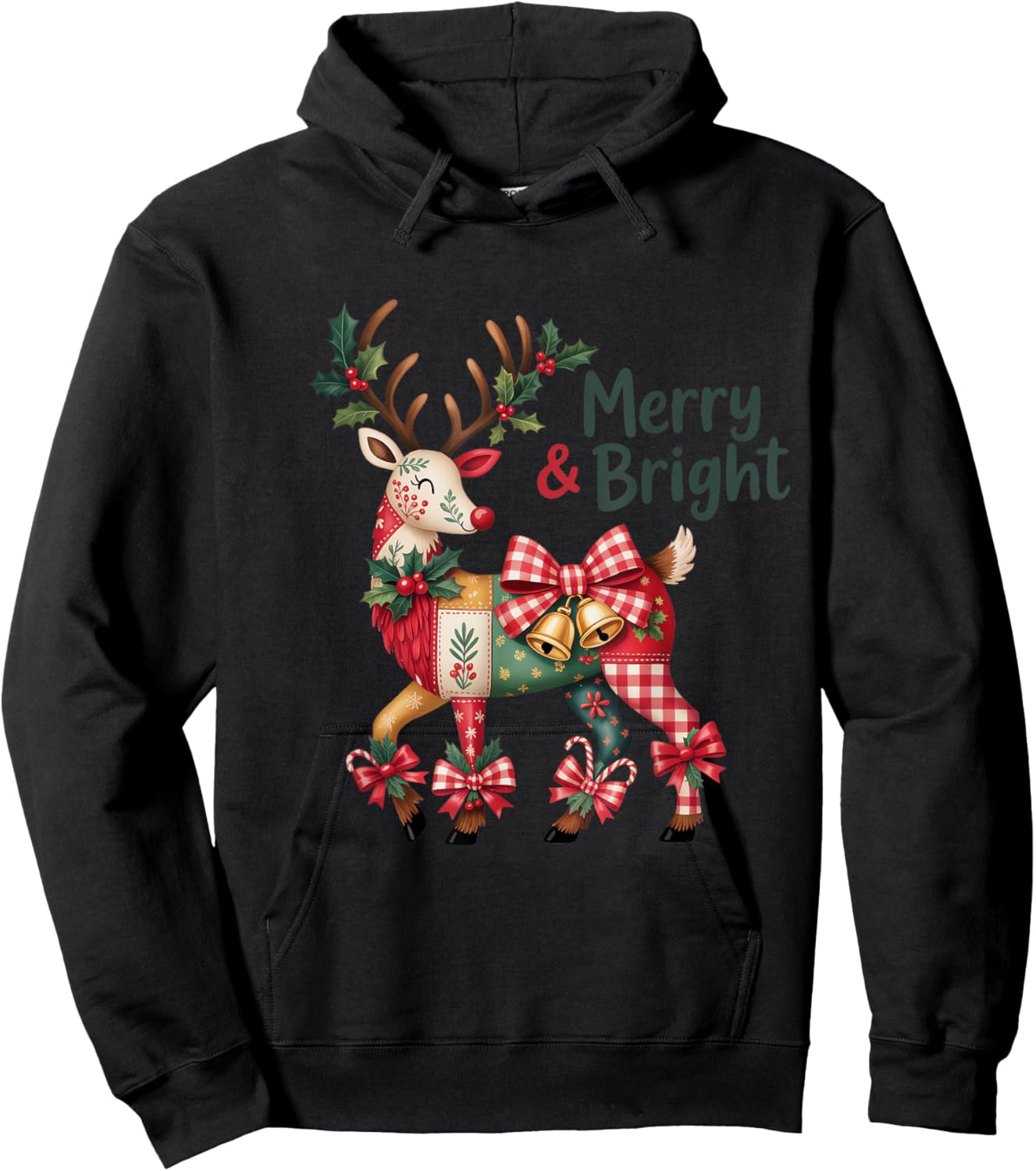 Christmas Patchwork Reindeer Merry & Bright Hoodie - Hoodie | Black