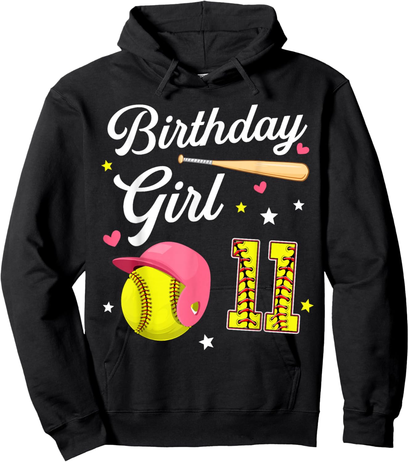 11th Birthday Girl Softball Eleventh Bday 11 Eleven Year Old Hoodie - Hoodie | Black