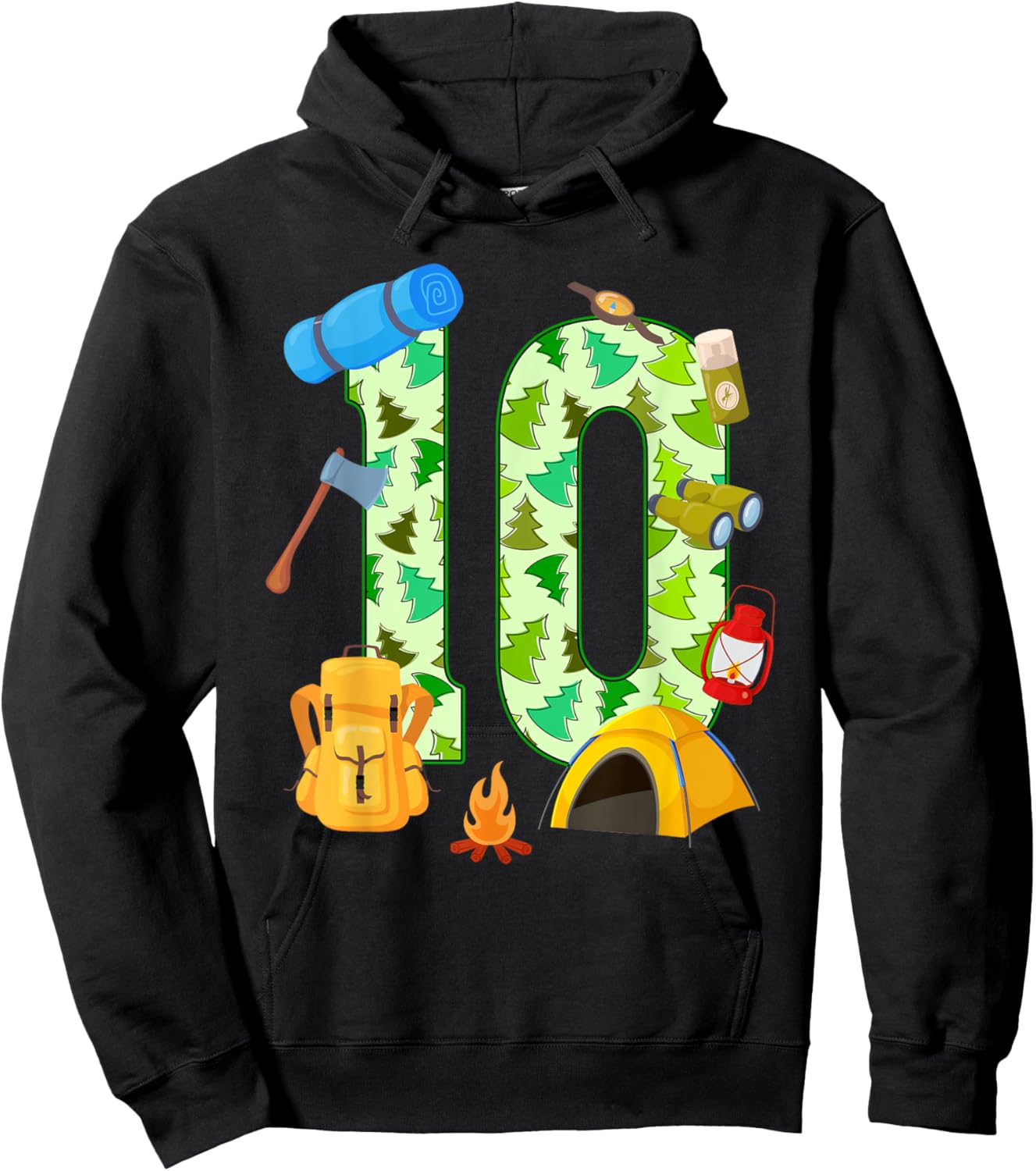 10th Birthday Camping Theme 10 Year Old Birthday Kids Hoodie - Hoodie | Black