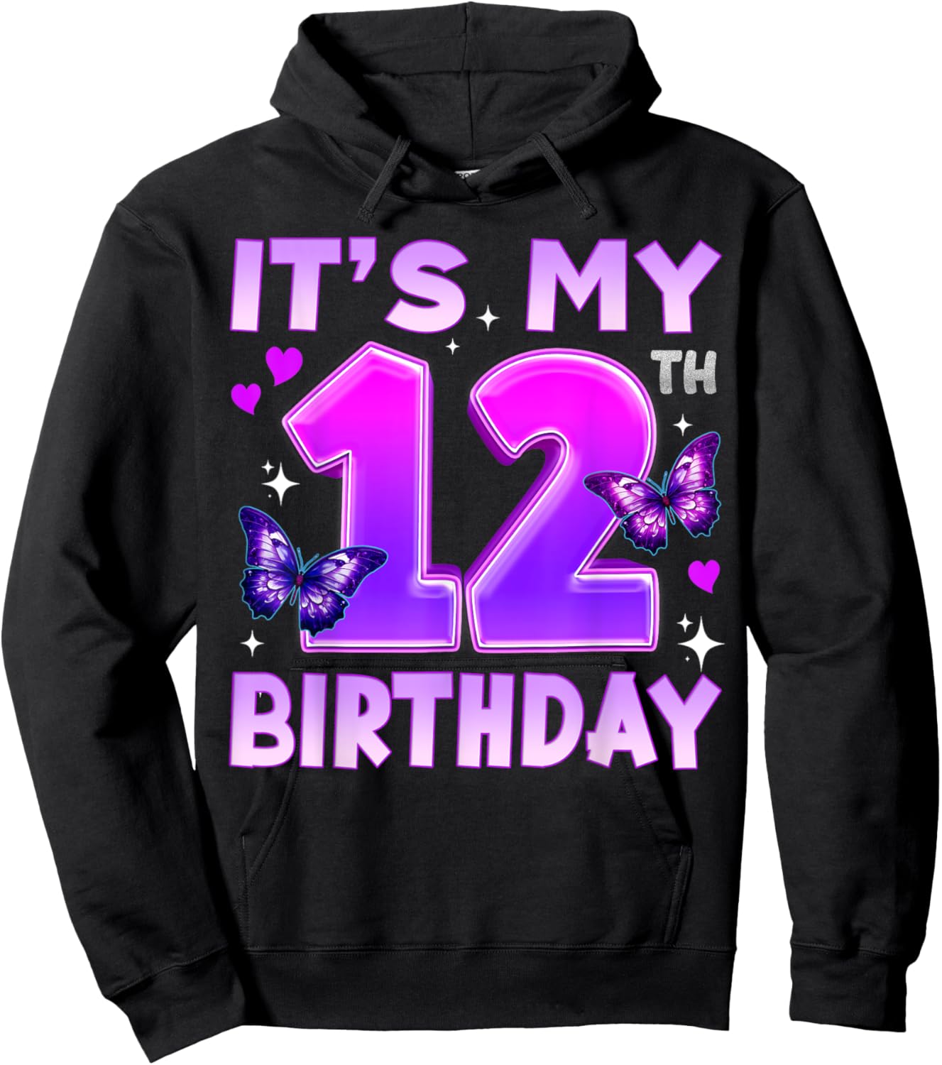 12th Birthday Cute Butterfly Bday 12 Year Old Birthday Girl Hoodie - Hoodie | Black