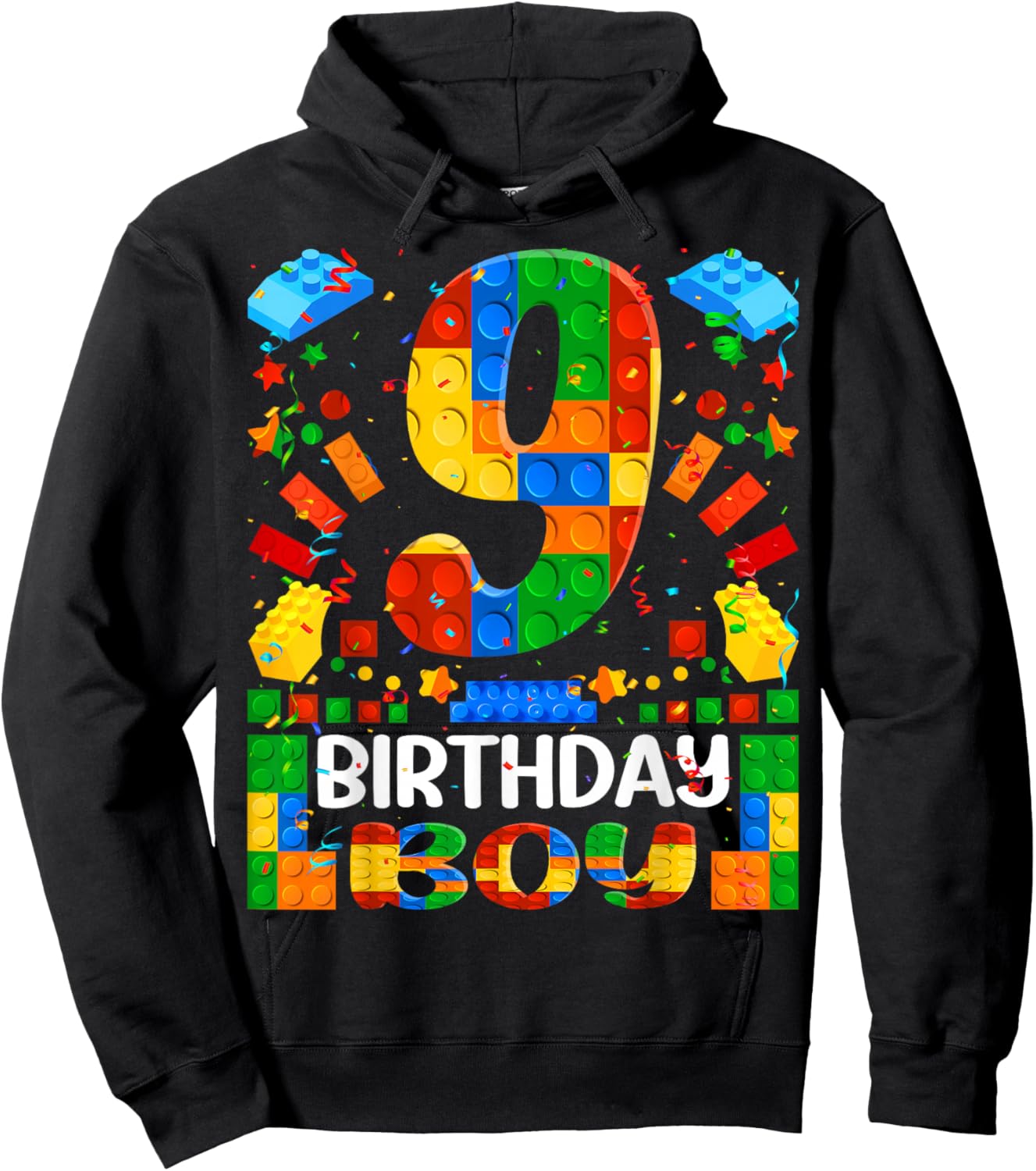 9 Year Old Building Blocks 9th Birthday Boy Brick Builder Hoodie - Hoodie | Black