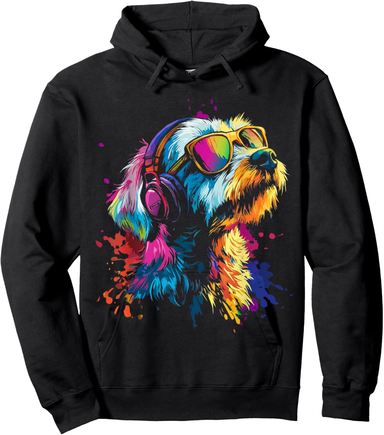 Colorful Splash Art Dog Headphones Music Canine Hoodie - Hoodie | Black