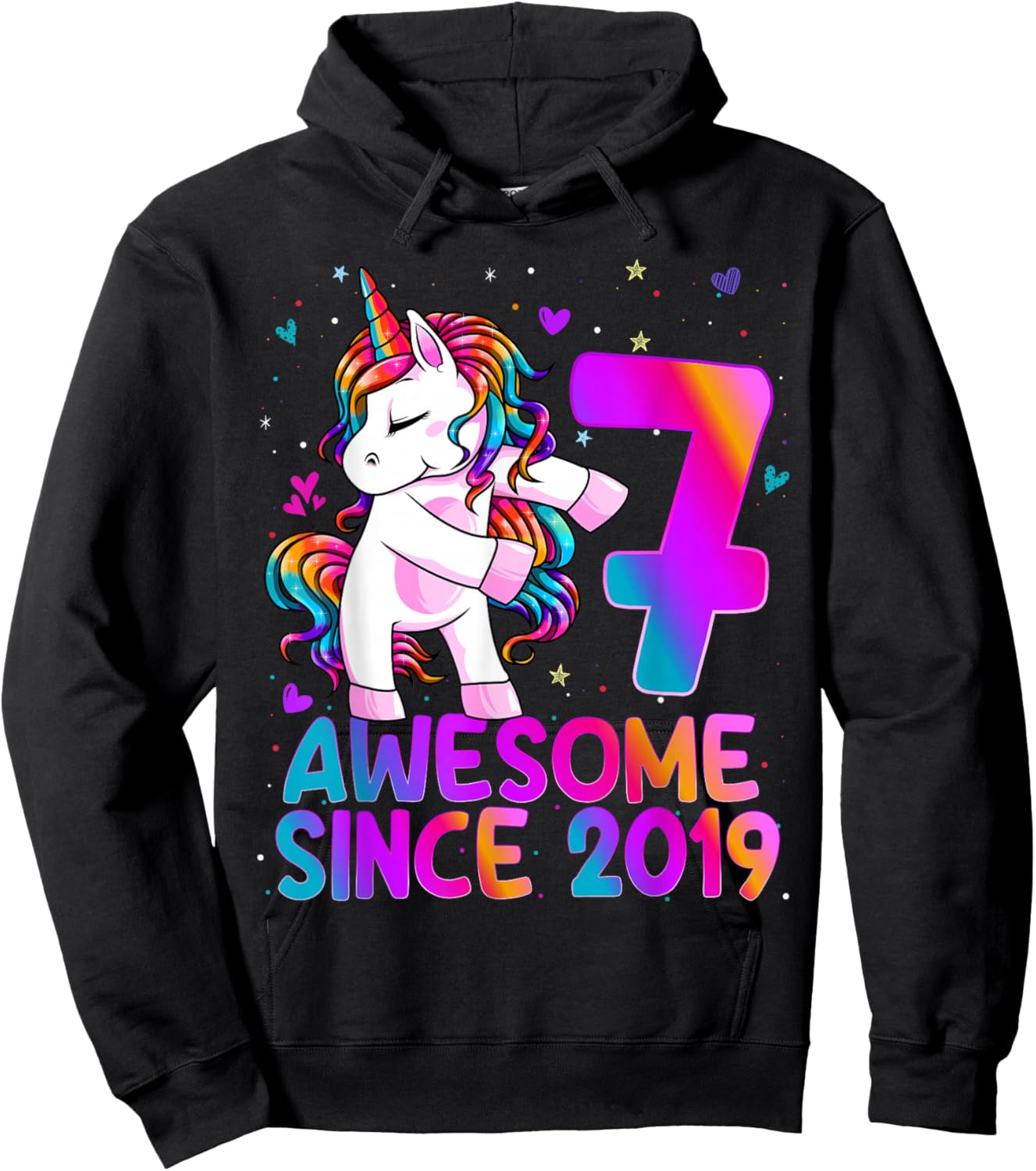 7 Year Old Girl Awesome Since 2019 Unicorn 7th Birthday Girl Hoodie - Hoodie | Black