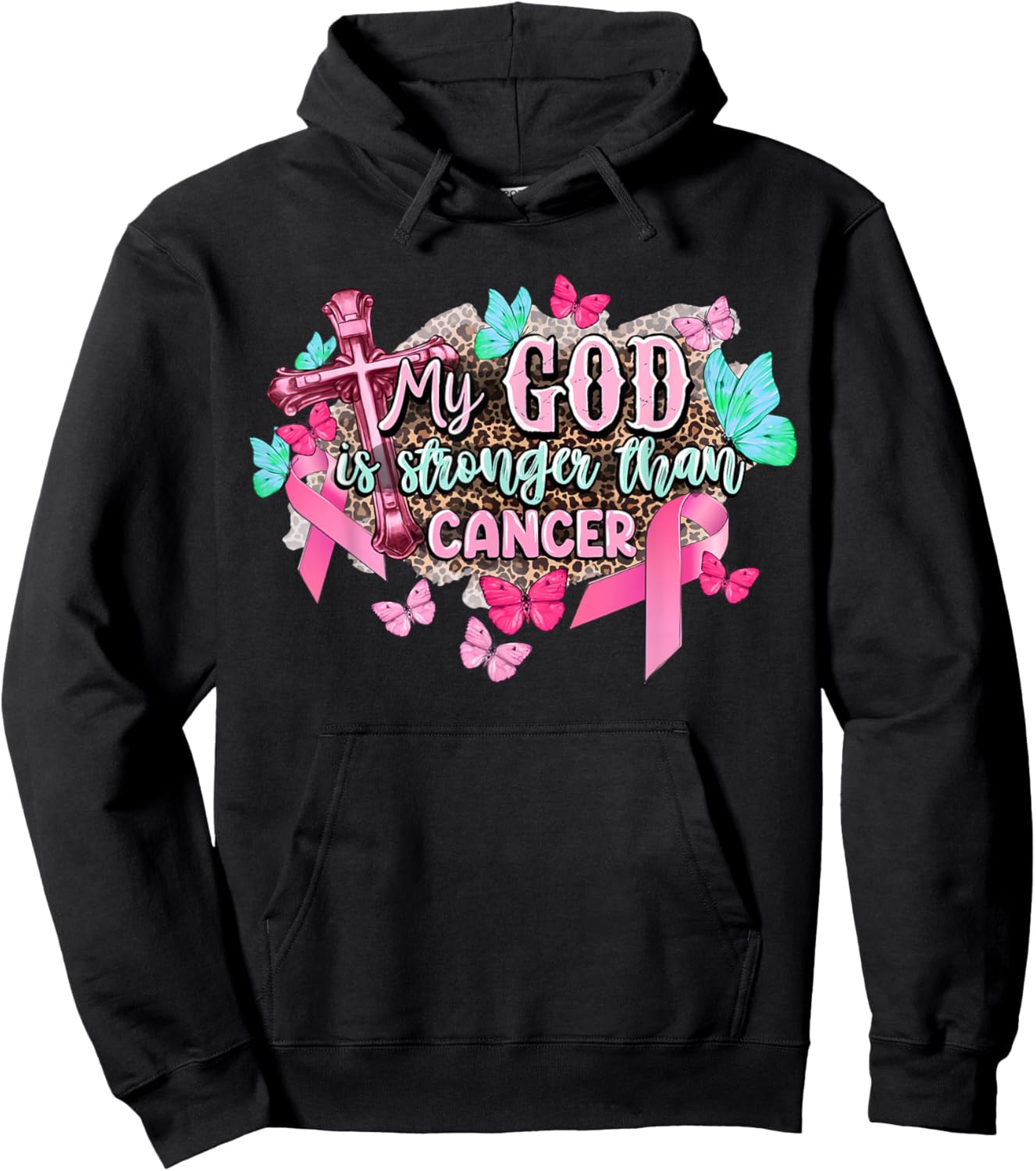 My God Is Stronger Than Breast Cancer Awareness Christian Hoodie - Hoodie | Black