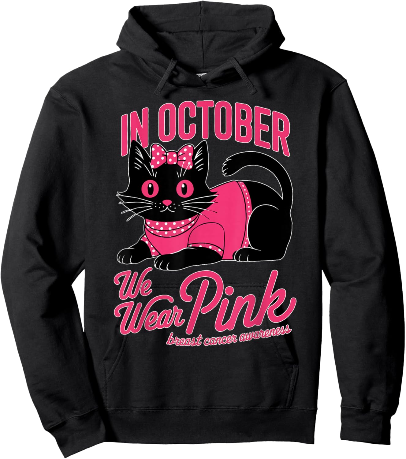 Cute Cat Pink Ribbon In October We Wear Pink Breast Cancer Women Girls Kids Hoodie - Hoodie | Black