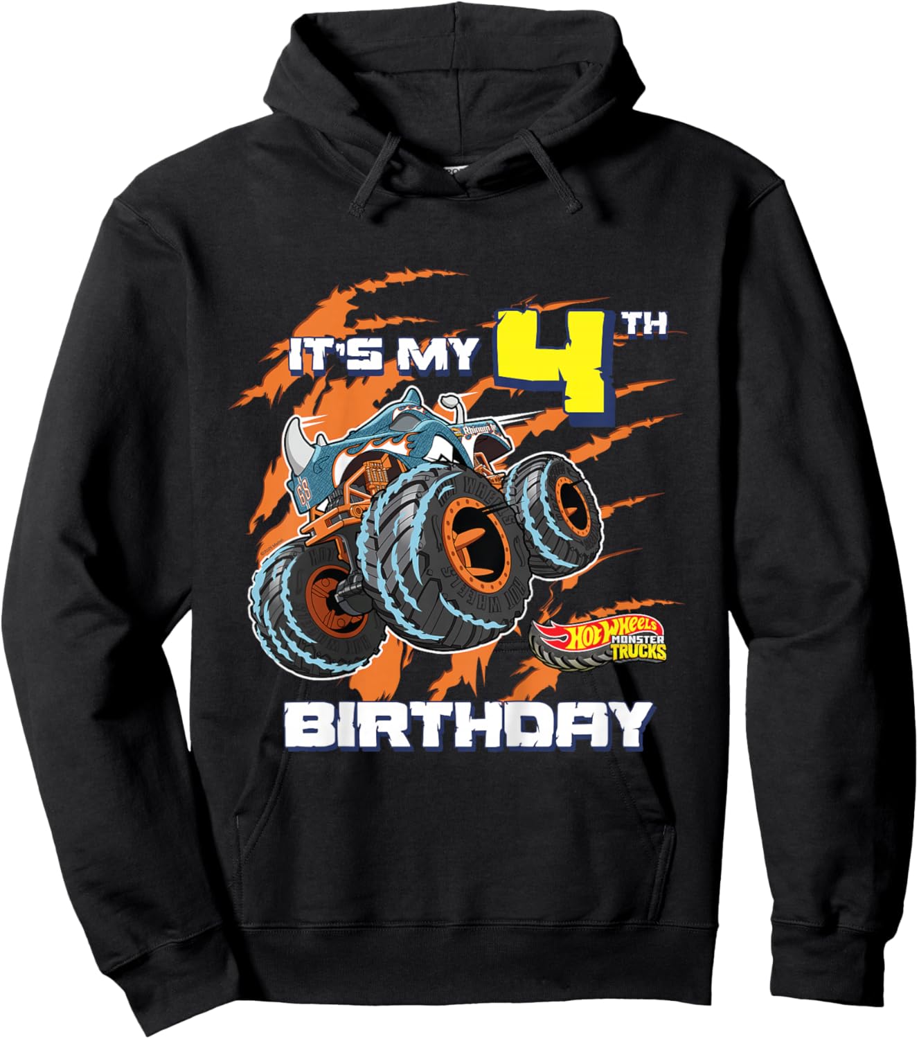 Kids Hot Wheels Monster Trucks - It's My 4th Birthday Hoodie - Hoodie | Black