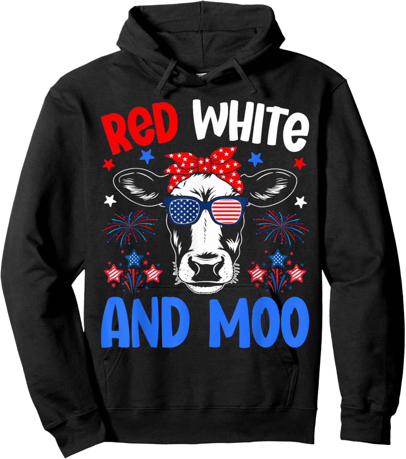 Red White and Moo Patriotic Cow USA Flag for 4th of July Hoodie - Hoodie | Black