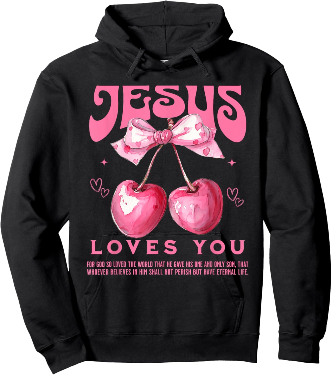 Crochet Pink Cherry Bow Bible Verse Jesus Coquette Christian Hoodie - Hoodie | Black
