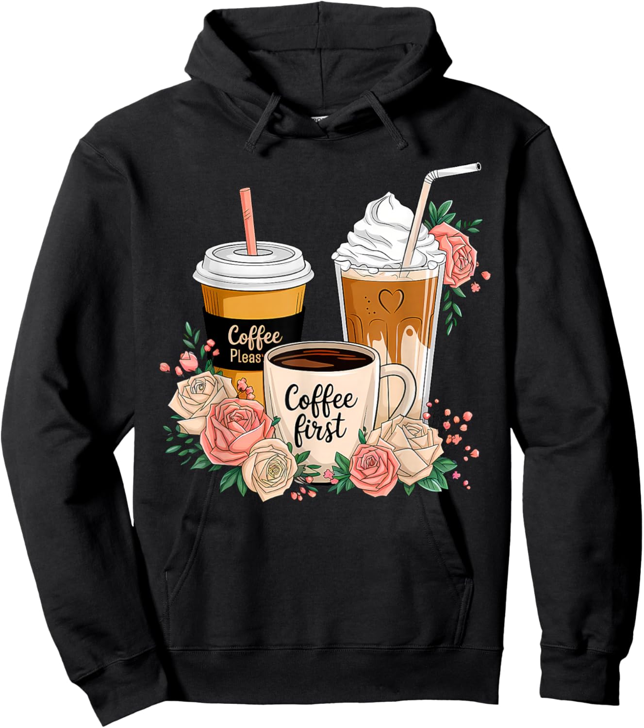 Floral Coffee Cup Iced Latte With Spring Flowers Hoodie - Hoodie | Black