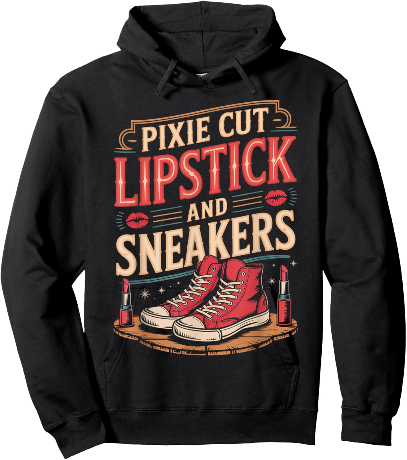 Pixie Cut Lipstick and Sneakers Short Hair Style Hoodie - Hoodie | Black