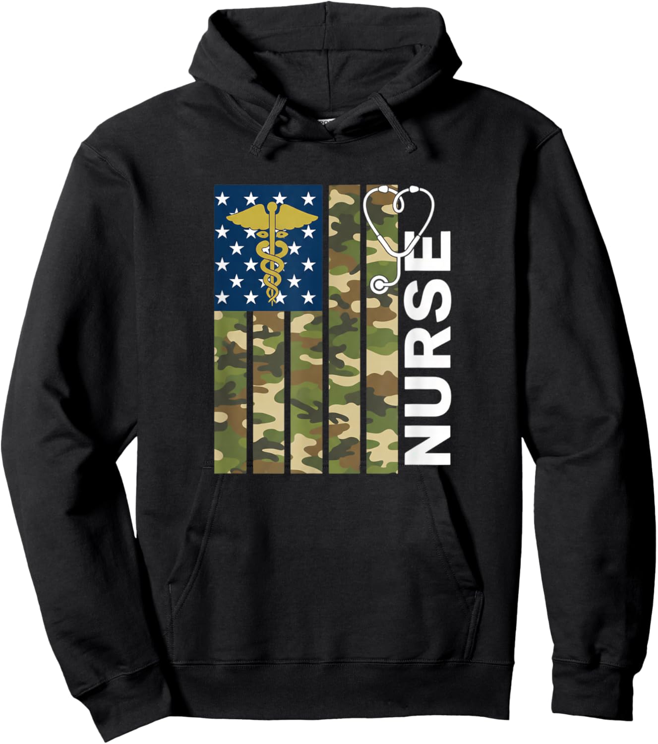 Nurse Camo American Flag Stethoscope Military Veteran Nurse Hoodie - Hoodie | Black