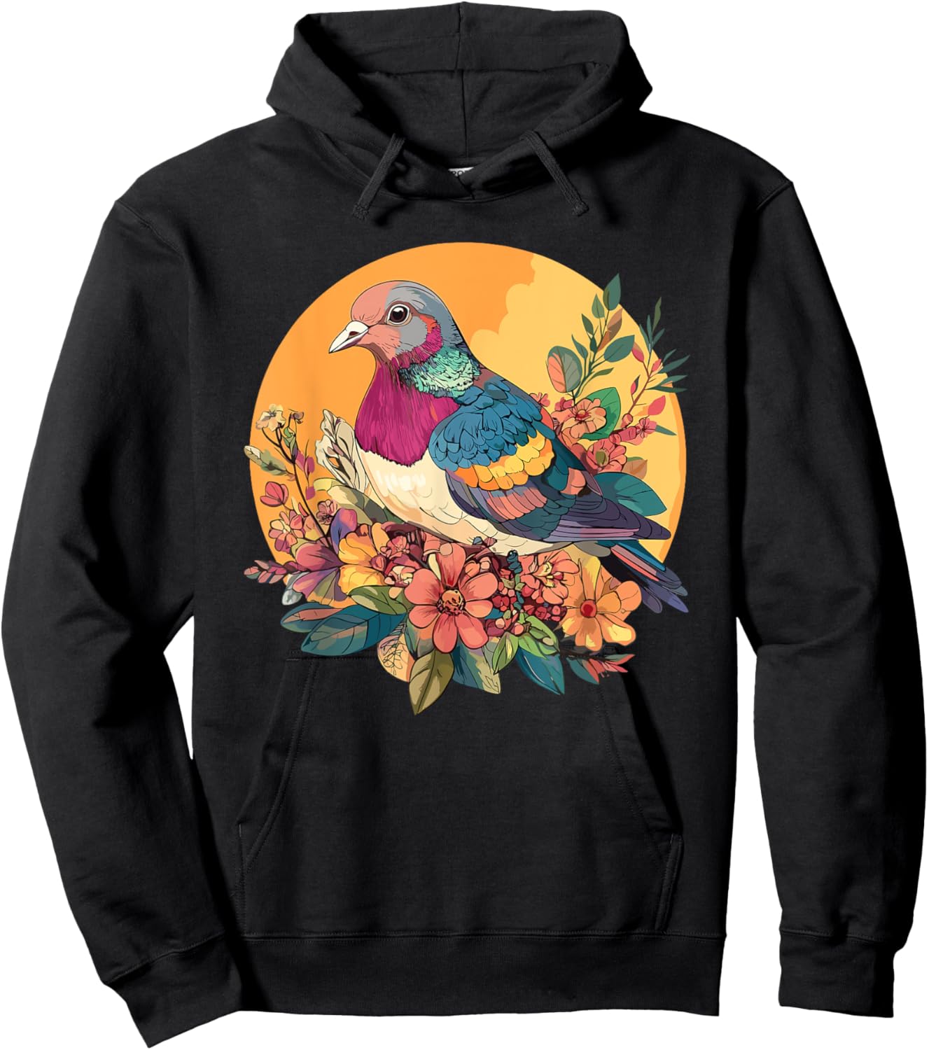 Vibrant Bird Among Blossoms Hoodie - Hoodie | Black