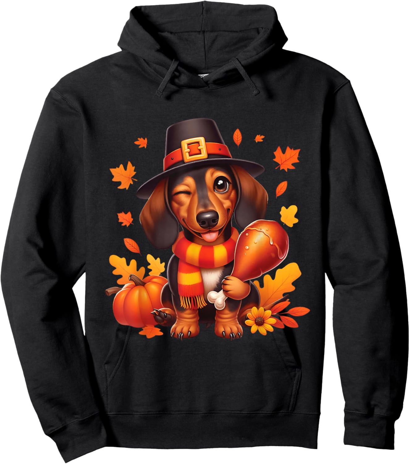Dachshund Pilgrim Happy Thanksgiving Dog Men Women Girl Boy Hoodie - Hoodie | Black