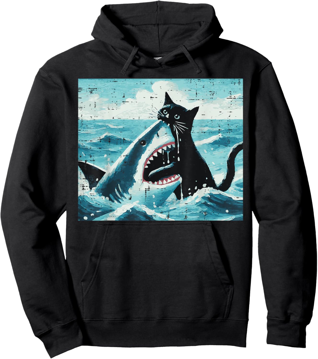 Black Cat Biting Shark Funny Kitten Kitty Art Men Women Kids Hoodie - Hoodie | Black