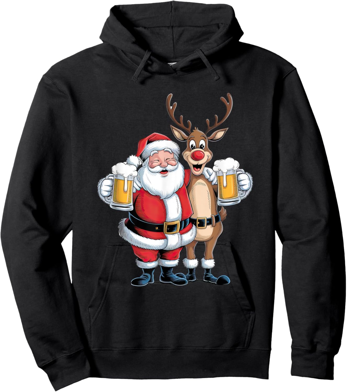 Santa Having a Beer with Reindeer. Funny Xmas Holidays Hoodie - Hoodie | Black