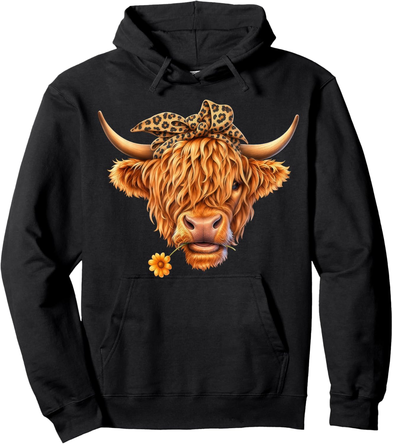 Cute Highland Cow Leopard Bow Bandana Western Cowboy Cowgirl Hoodie - Hoodie | Black