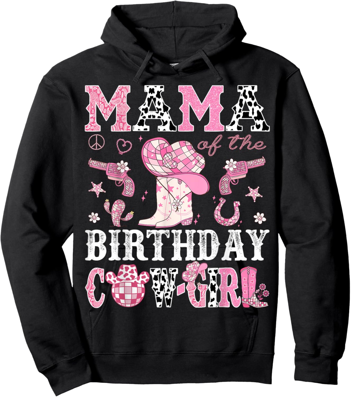 Mama Of The Birthday Cow-Girl Pink Disco Rodeo Western Hoodie - Hoodie | Black