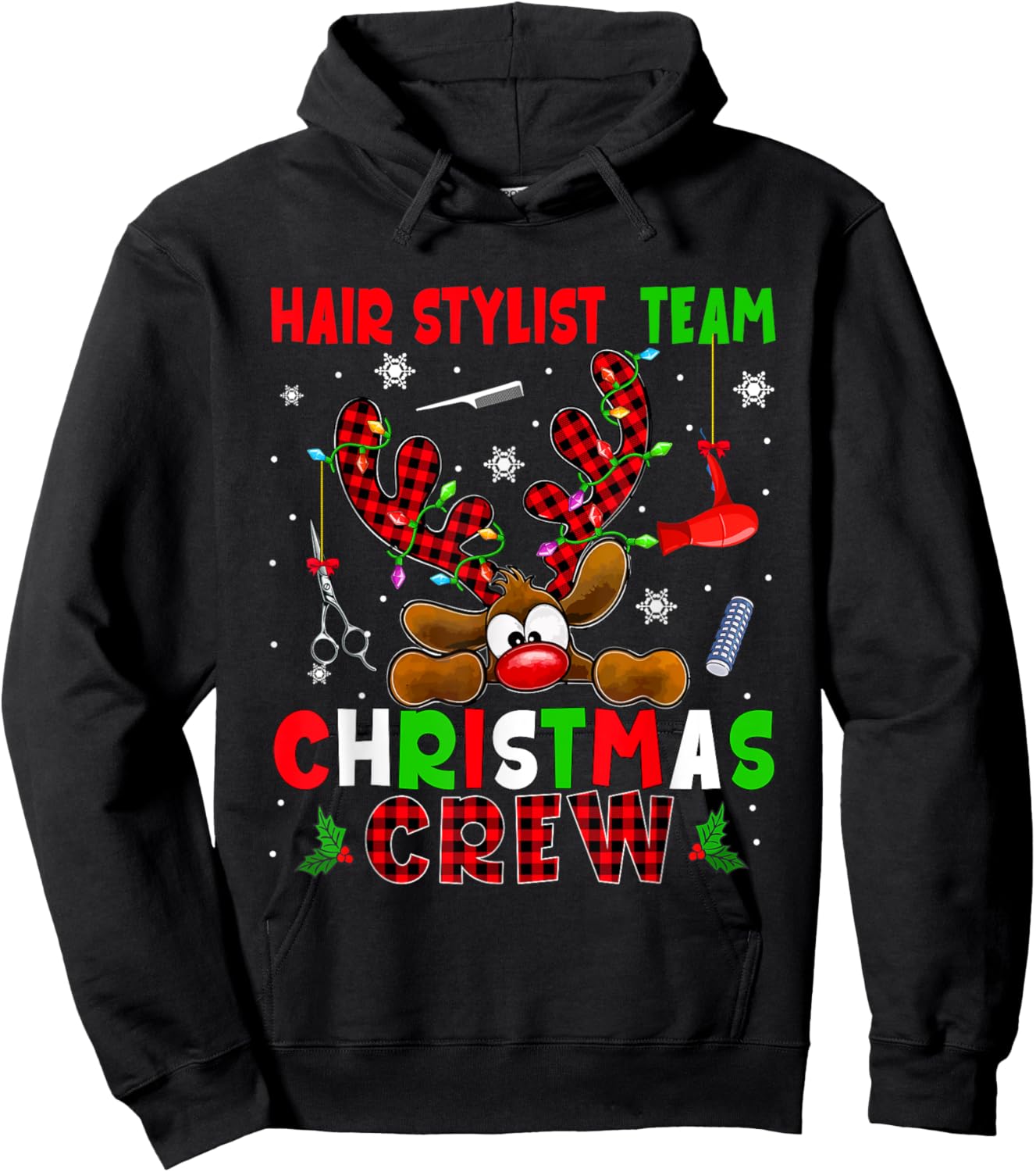 Hair Stylist Team Christmas Crew Proud Job Colorful Reindeer Hoodie - Hoodie | Black