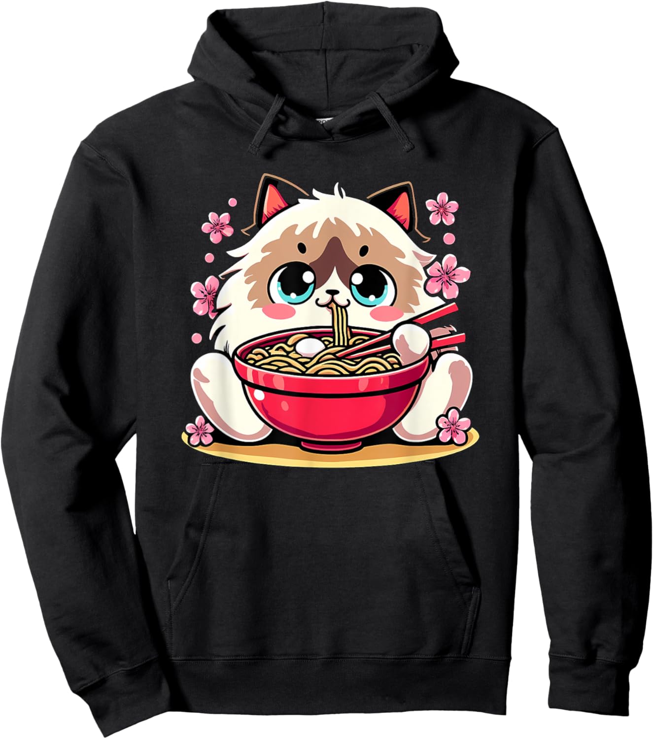 Kawaii Ragdoll Cat Eating Ramen Hoodie - Hoodie | Black