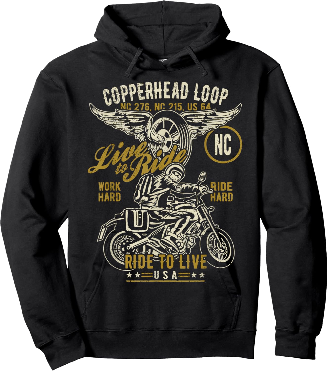 Copperhead Loop NC USA Motorcycle Distressed Design Hoodie - Hoodie | Black
