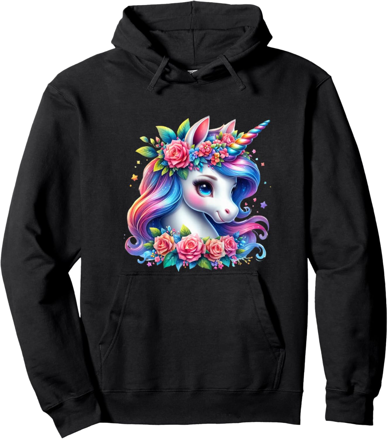 Cute Unicorn with Rainbow Mane Flowers Unicorn Hoodie - Hoodie | Black