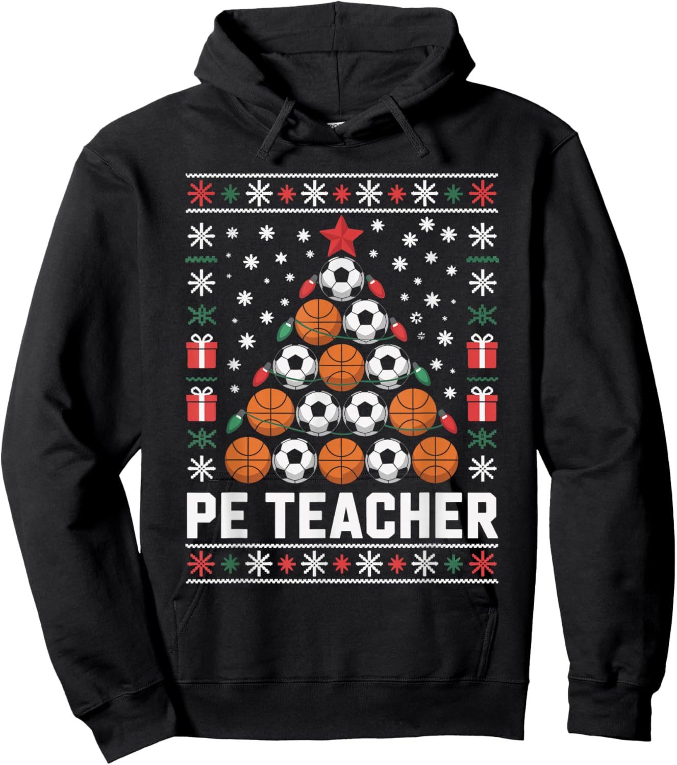 PE Teacher Christmas Tree Ugly Christmas Sweater Xmas Hoodie - Hoodie | Black