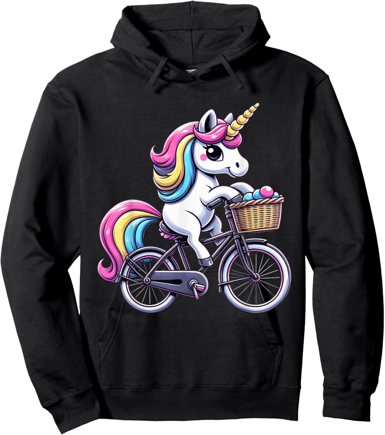 Unicorn Riding Bicycle Boys Girls Women Kids Teen Rainbow Hoodie - Hoodie | Black