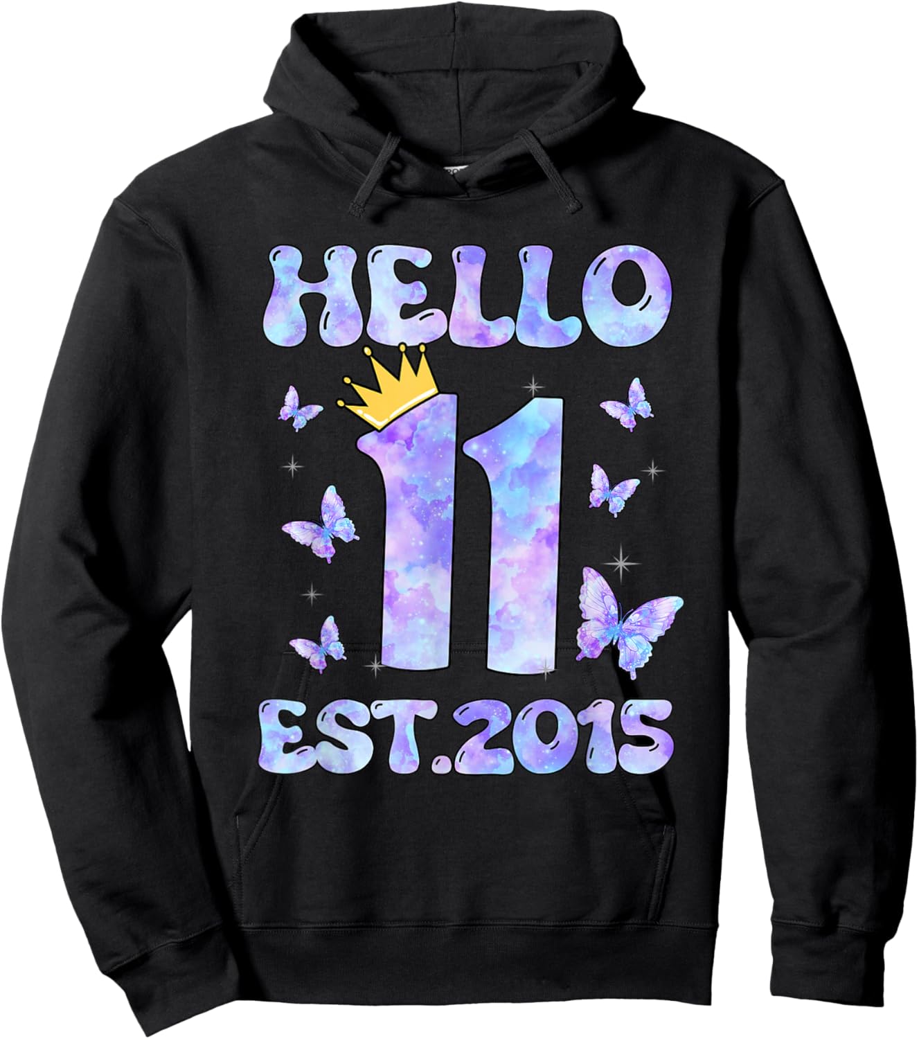 Hello Eleven Est 2015 11th Birthday Girl 11 Yr Old Butterfly Hoodie - Hoodie | Black