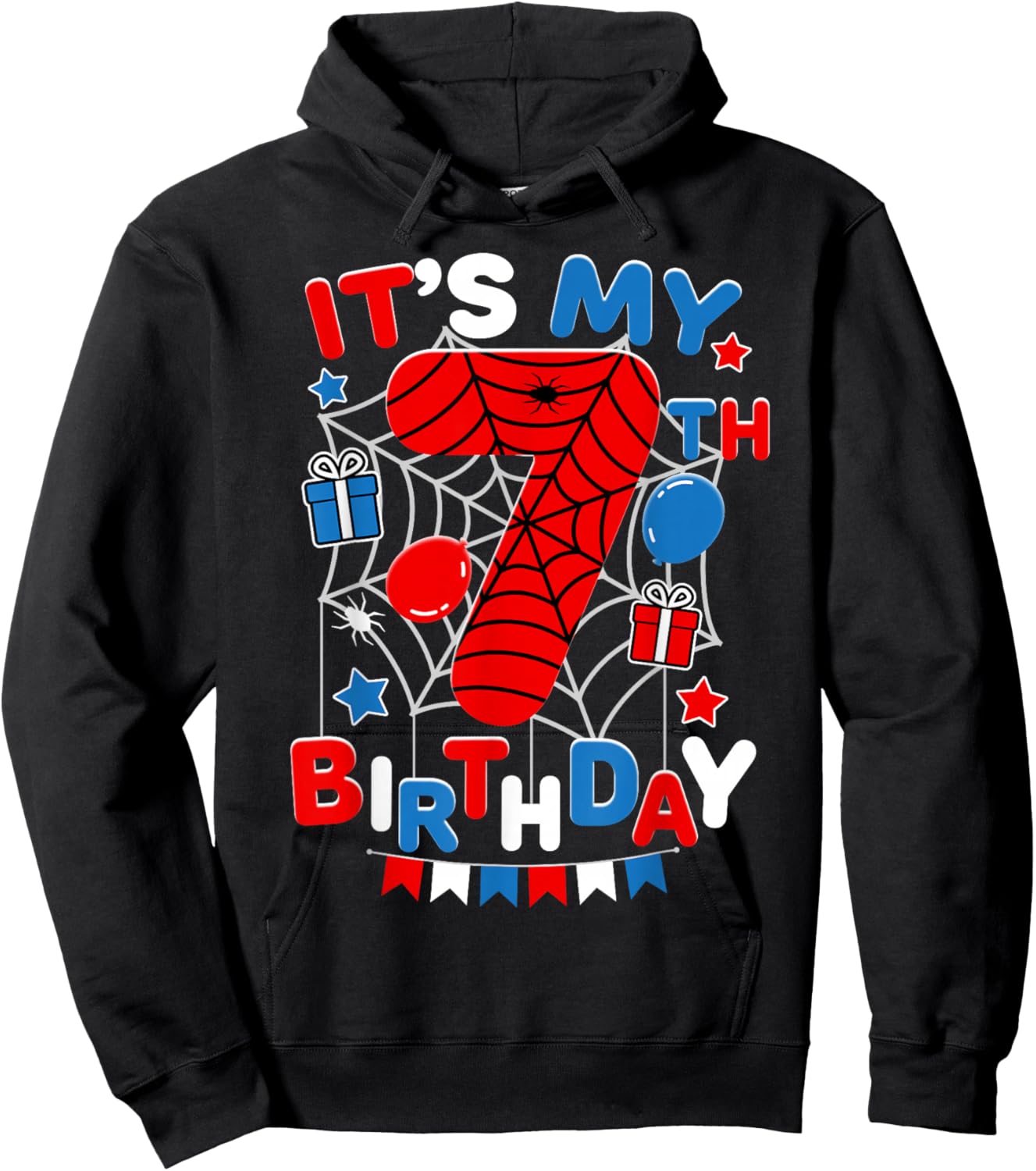 It's My 7th Birthday Spider Theme Party 7 Year Old Boys Kids Hoodie - Hoodie | Black