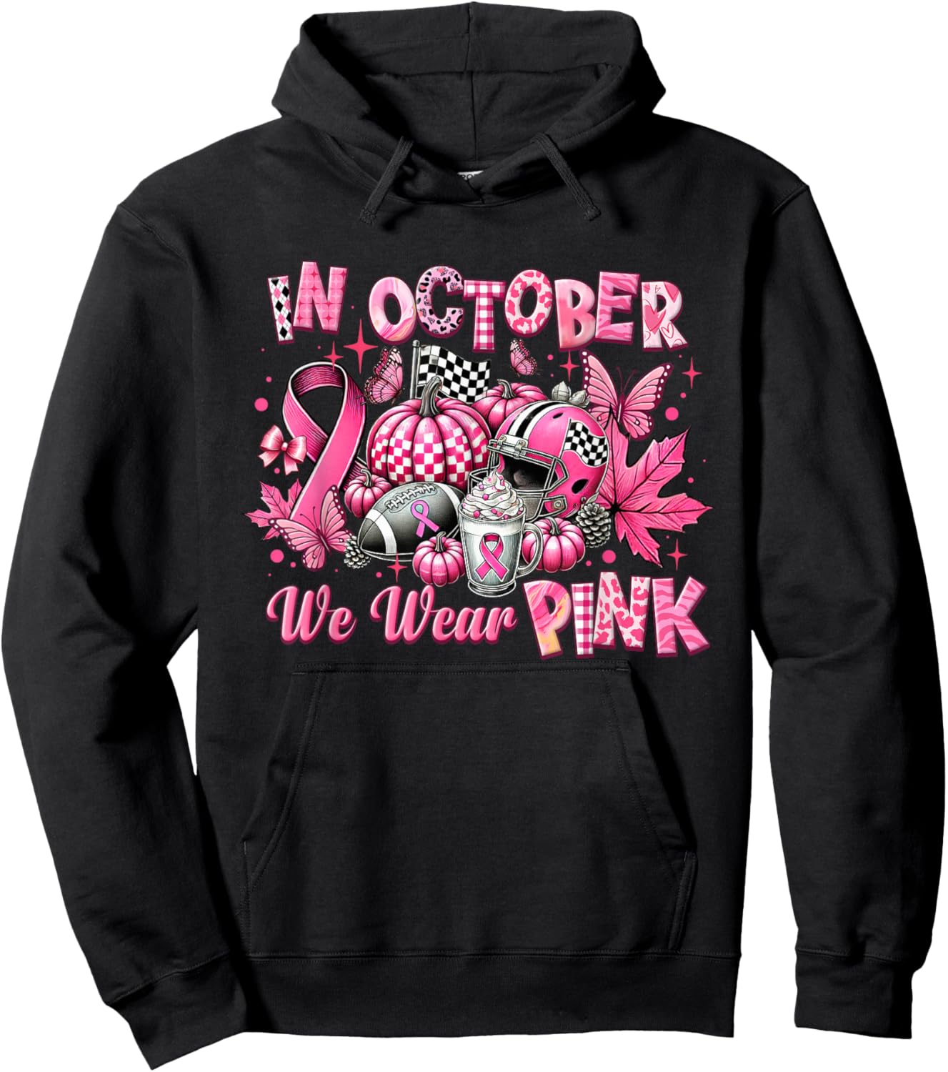 In October We Wear Pink Breast Cancer Pumpkin Football Hoodie - Hoodie | Black