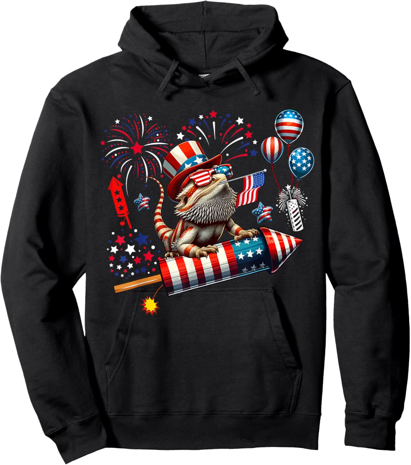 Bearded Dragon Riding Firecracker US Flag 4th Of July Hoodie - Hoodie | Black