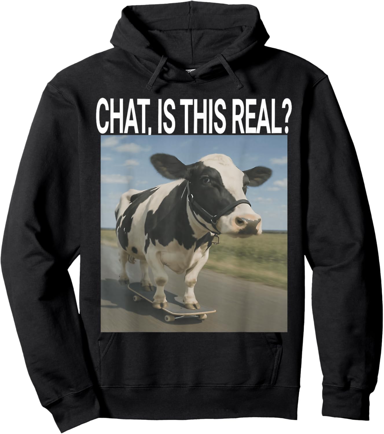 Chat is This Real? Ai Cow Funny Gen Z Humor Iconic Brainrot Hoodie - Hoodie | Black