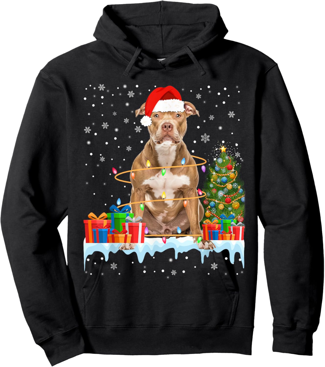 Funny Santa Pitbull Dog Christmas Lights Xmas Pajamas Men Women Kids Hoodie - Hoodie | Black