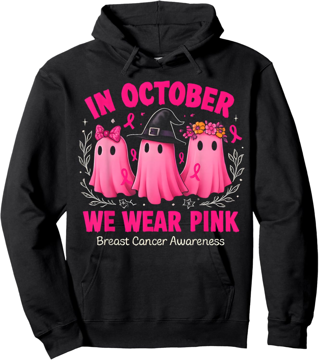 in October We Wear Pink Ghost Halloween Women Breast Cancer Hoodie - Hoodie | Black