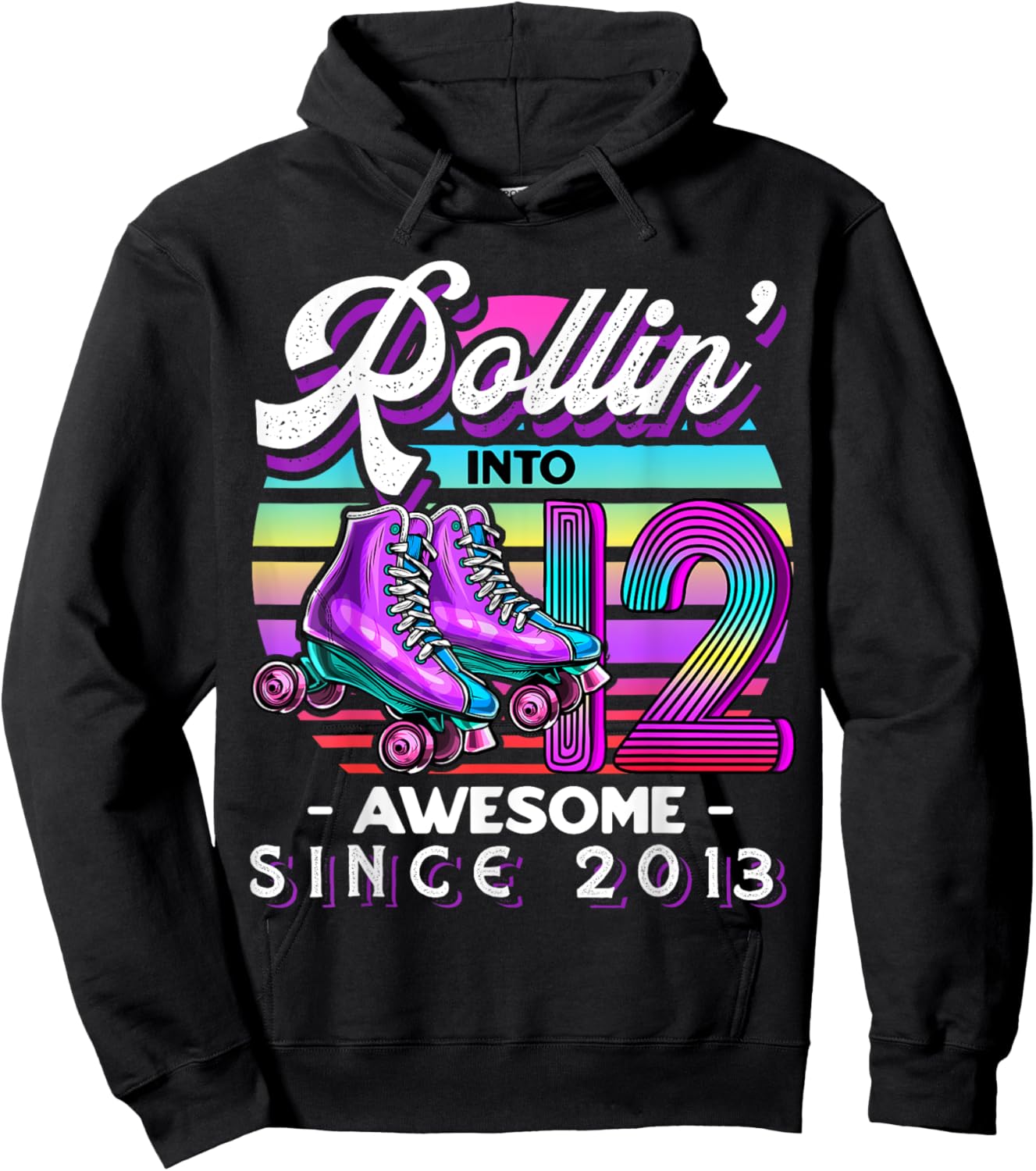 Birthday Roller Skating 12th Girl Rollin into 12 Skate Party Hoodie - Hoodie | Black