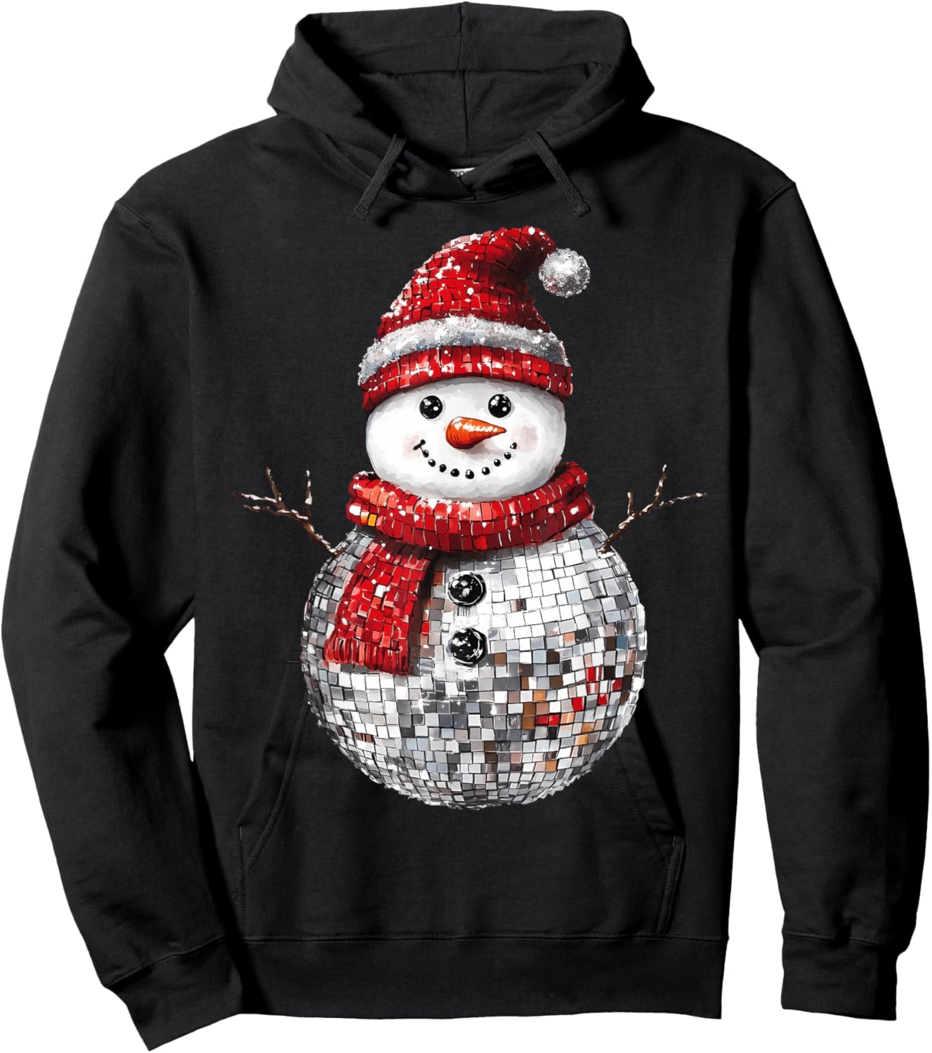 Cute Snowman Disco Ball Christmas Santa Hat Matching Family Hoodie - Hoodie | Black
