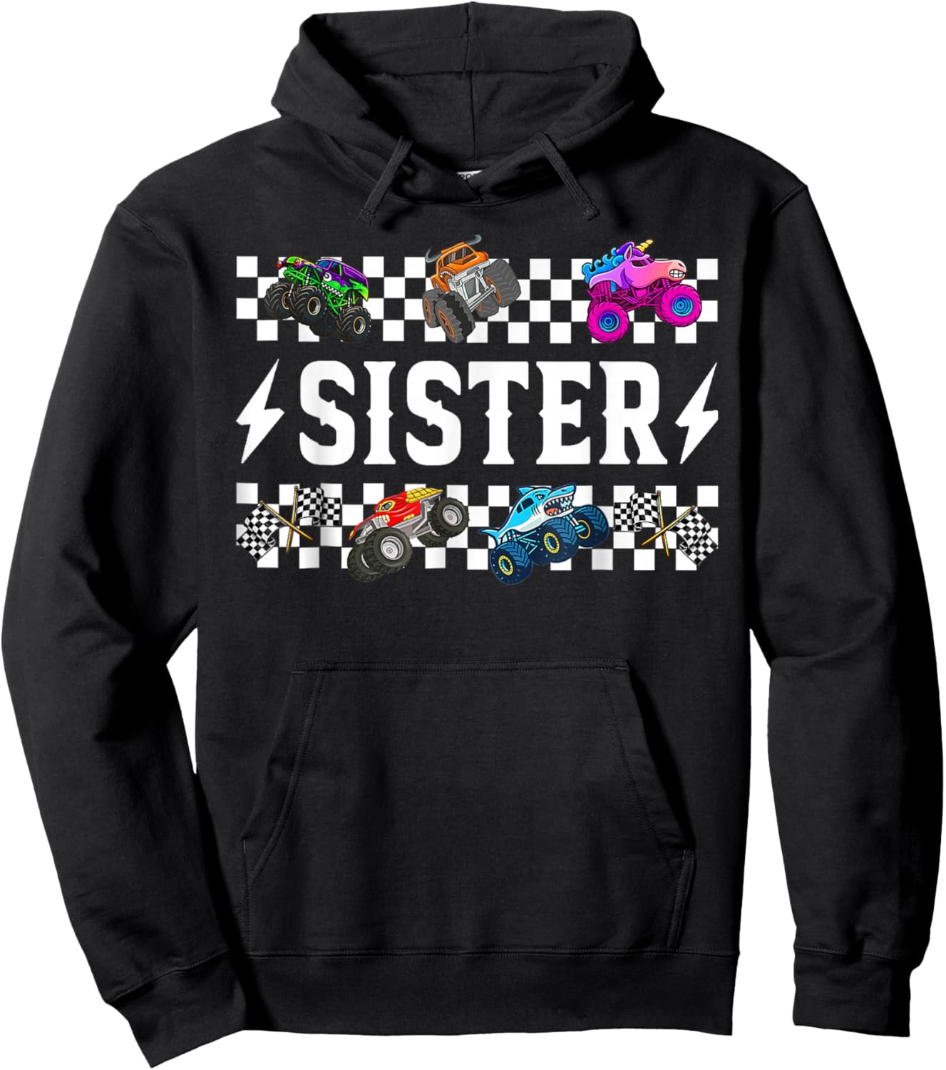 Sister Retro Monster Truck Family Crew Birthday Matching Hoodie - Hoodie | Black