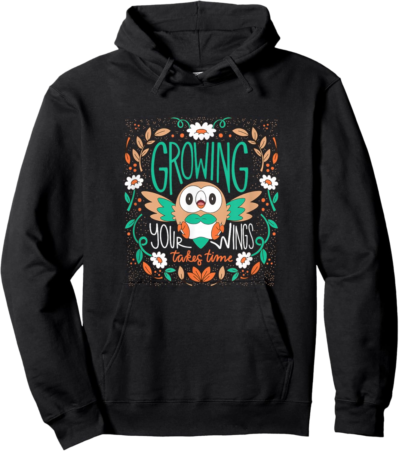 Pokemon - Rowlet Growing Your Wings Takes Time -Adults , Black, Small, Short Sleeve Hoodie - Hoodie | Black