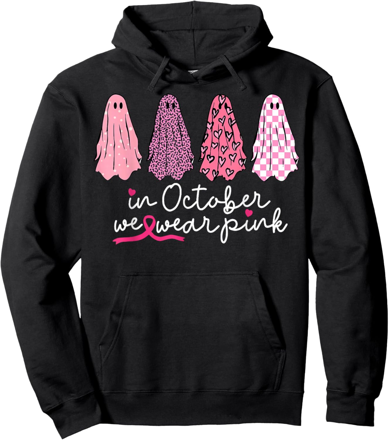 in October We Wear Pink Ghost Boo Halloween Breast Cancer Hoodie - Hoodie | Black