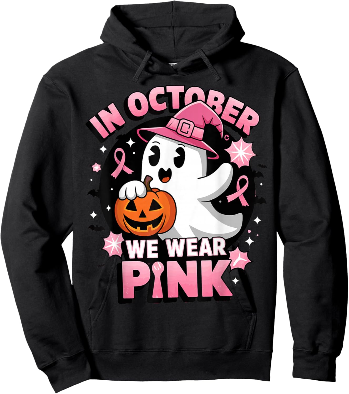 Ghost Witch in October We Wear Pink Breast Cancer Awareness Hoodie - Hoodie | Black