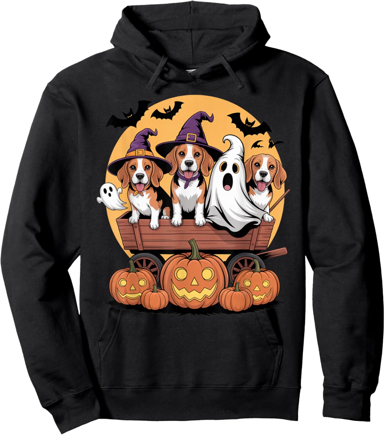 Beagle Halloween Wagon Witch Hats Ghost Bats Pumpkins Funny Hoodie - Hoodie | Black