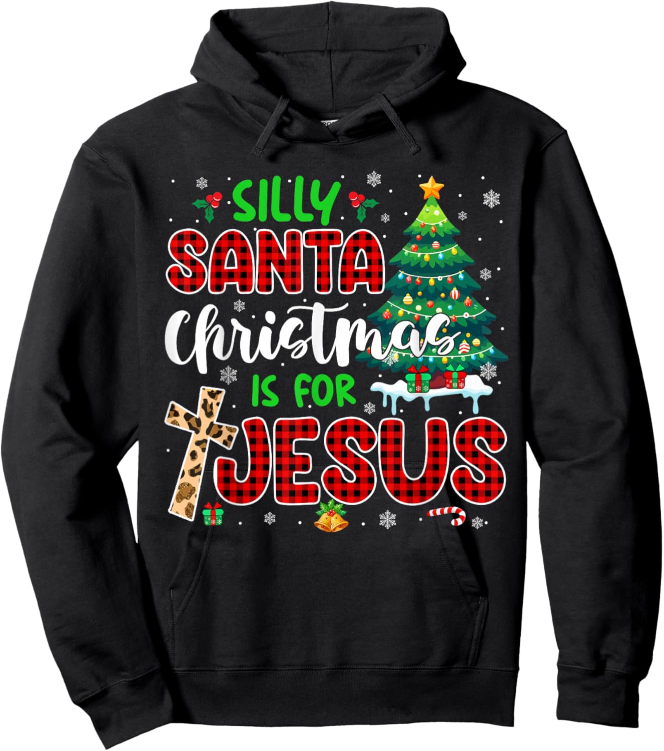 Silly Santa Christmas Is For Jesus Leopard Christian Cross Hoodie - Hoodie | Black